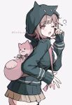  1girl animal_bag brown_hair cat_bag danganronpa_(series) danganronpa_2:_goodbye_despair flipped_hair fuku_sa galaga hair_ornament highres hood jacket long_sleeves looking_at_viewer medium_hair nanami_chiaki neck_ribbon open_clothes open_jacket pink_bag pink_eyes pink_ribbon pleated_skirt ribbon shirt skirt solo thighhighs white_shirt 