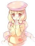  bangs beret blonde_hair blush brown_eyes character_request copyright_request eyebrows_visible_through_hair hands_up hat jacket kurasuke long_hair looking_at_viewer nose_blush open_mouth own_hands_together scarf simple_background sketch sleeves_past_wrists smile solo tareme upper_body white_background 