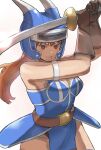  1girl absurdres armlet armor bare_shoulders belt black_panties blue_armor breasts brown_eyes brown_gloves brown_hair cleavage daisy_(dq) dragon_quest dragon_quest_yuusha_abel_densetsu fake_horns gloves groin helmet highres holding holding_sword holding_weapon horned_helmet horns jewelry k_katora long_hair looking_at_viewer panties simple_background skirt smile solo sword thighhighs underwear weapon white_background 
