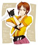  belt brown_hair character_name copyright_name dagger fingerless_gloves fire_emblem fire_emblem:_thracia_776 fire_emblem_heroes gloves lifis male_focus orange_eyes piercing reruko_(yarukimodenai) solo teeth upper_body weapon 