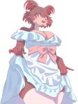 2025 anthro bare_shoulders beastars big_breasts blue_clothing blue_dress blue_eyes blush breasts brown_body brown_fur canid canine canis cheek_tuft cleavage clothed clothing clothing_lift dress dress_lift eyebrows eyelashes facial_tuft female fluffy_ears fur hi_res juno_(beastars) legwear looking_at_viewer mammal raised_finger raised_pinky red_bow_ribbon simesaba_poteto simple_background snout solo standing strapless_clothing tan_body tan_fur thick_thighs thigh_highs tuft white_background white_clothing white_dress white_legwear white_sclera white_thigh_highs wolf
