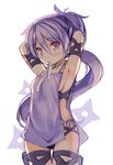  apron armpits arms_up bangs breasts closed_mouth eyebrows_visible_through_hair hair_between_eyes kurasuke long_hair looking_at_viewer mouth_hold ninja ponytail purple_eyes purple_hair revealing_clothes ribbon ribbon_in_mouth shuriken sideboob sidelocks simple_background small_breasts solo thigh_strap tsurime tying_hair very_long_hair white_background white_ribbon 