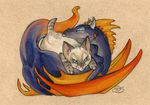  ambiguous_gender blue_eyes blue_scales cat dhstein dragon duo eyes_closed feline feral fur grey_fur horn mammal membranous_wings orange_scales scales siamese white_fur wings young 