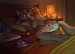  2017 4_toes anthro areola arm_support bangs bed black_fur blue_eyes blue_nose breasts brown_fur brown_hair butt casual_nudity controller cup dog_tags eating feet female food fur grey_fur hair hyena inside lamp lying magazine mammal nipples nude on_bed on_side osatokun pillow pizza ponytail remote_control signature solo spots spotted_fur tassels toes wooden_walls 