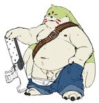  animal_genitalia anthro balls bandolier barefoot briefs clothed clothing cute_fangs digimon fully_sheathed gargomon gun hand_in_pocket hi_res horn jeans kronexfire long_ears looking_at_viewer male mammal moobs navel nipples one_eye_closed overweight pants pants_down partially_clothed ranged_weapon sheath solo standing tighty_whities underwear underwear_down weapon wink 
