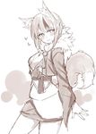  animal_ears bangs blush cowboy_shot eyebrows_visible_through_hair fire_emblem fire_emblem_if fox_ears fur_trim greyscale japanese_clothes jiino kinu_(fire_emblem_if) long_sleeves looking_at_viewer monochrome multicolored_hair sidelocks smile solo streaked_hair tail tongue tongue_out wide_sleeves 