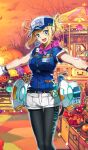  1girl ahoge artoria_pendragon_(fate) bandana bandana_around_neck bare_arms bare_tree baseball_cap bat_(animal) belt belt_buckle black_belt black_pantyhose blonde_hair blue_eyes blue_hat blue_jacket blush breasts buckle bunbun buttons carousel commentary fate/grand_order fate_(series) feet_out_of_frame gazer_(fate) gloves hair_through_headwear halloween hat head_tilt id_card jack-o&#039;-lantern jacket large_breasts mysterious_heroine_xx_(fate) mysterious_heroine_xx_(festival_outfit)_(fate) official_art open_mouth orange_background orange_sky outdoors outstretched_arms pantyhose pantyhose_under_shorts pink_bandana ponytail pumpkin short_ponytail short_shorts short_sleeves shorts sidelocks sky smile solo teeth third-party_source tree white_gloves white_shorts 