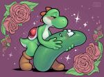 2025 anthro anthro_on_anthro blush buckteeth clothing crossover cucumber duo elemental_creature eye_contact flora_fauna flower food food_creature footwear fruit green_body green_yoshi hug humor larry_the_cucumber leaf living_vegetable looking_at_another love male male/male mario_bros meme narrowed_eyes nintendo nude plant purple_background romantic romantic_ambiance romantic_couple rose_(flower) scalie shadow shell shitpost shoes signature simple_background smile sparkles standing taffywabbit teeth vegetable veggietales yoshi yoshi_(character)