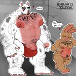 anthro arm_hair balls barazoku barefoot barely_contained barely_contained_penis belly big_penis blep bodily_fluids body_hair brown_body brown_fur buckteeth bulge bull_terrier canid canine canis chest_hair chest_tattoo clothing dialogue digital_drawing_(artwork) digital_media_(artwork) domestic_dog duo ear_piercing ear_ring english_text erection exposed eyes_closed feet feminization footprint foreskin fur genitals glare hairy_legs hand_holding hard_on_jean_(khrunkisillegal) heart_after_text heart_symbol hi_res humanoid_feet humanoid_genitalia humanoid_penis hunting_dog inmates_clothing jenny_(khrunkisillegal) jumpsuit khrunkisillegal lagomorph larger_male leporid lidded_eyes love male male/male mammal markings model_sheet mole_(marking) multicolored_body multicolored_fur musclegut muscular navel navel_piercing nervous nervous_sweat nipple_piercing nipples nude offering_sex on_one_leg orange_jumpsuit overweight overweight_male pawprint pawprint_tattoo pecs penis piercing pink_body pink_fur plantigrade pose pregnancy_tally prison prison_uniform prisoner profanity prostitution rabbit red_clothing red_eyes red_thong red_underwear ring_piercing scar short_stack size_difference smaller_male spots spotted_markings standing stubble sweat tally_marks tan_body tan_fur tattoo teeth terrier text thong tongue tongue_out unary_tally_marks underwear unusual_tally_marks vein veiny_muscles veiny_penis weight_gain western_tally_marks white_body white_fur