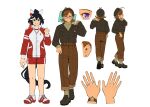  2girls animal_ears antenna_hair arm_at_side asymmetrical_bangs beret black_hair black_hat black_jacket black_shoes black_tail blue_eyes breast_pocket brown_hair brown_pants clenched_hand ear_covers ear_focus ear_piercing earrings eye_focus female_trainer_(umamusume) flipped_hair folder from_behind from_side full_body gaman glasses grin gym_shirt hair_ornament hand_focus hand_up hat highres holding holding_folder horse_ears horse_girl horse_tail jacket jacket_tucked_in jewelry katsuragi_ace_(umamusume) kotabi_kiku_(gaman) long_sleeves multicolored_hair multiple_girls multiple_rings multiple_views necklace oc_x_canon original pants piercing pocket ponytail purple_eyes red_jacket red_shoes red_shorts reference_sheet ring round_eyewear semi-rimless_eyewear shirt shoes short_hair shorts simple_background smile sneakers sportswear standing streaked_hair stud_earrings sweater tail tassel tassel_hair_ornament tracen_training_uniform track_jacket trainer_(umamusume) turnaround turtleneck turtleneck_sweater umamusume v-shaped_eyebrows watch white_background white_hair wristwatch 