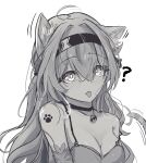  1girl ? absurdres animal_ears black_hairband blush breasts cat_ears cleavage detached_sleeves dress_straps firefly_(honkai:_star_rail) grey_hair greyscale hair_between_eyes hair_intakes hairband highres honkai:_star_rail honkai_(series) large_breasts monochrome paw_print simple_background strap tefutefufu tongue tongue_out white_background 