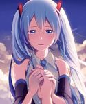  blue_eyes blue_hair blue_nails blue_neckwear detached_sleeves eyebrows_visible_through_hair frilled_shirt frills grey_shirt hair_between_eyes hair_ornament hatsune_miku holding_hands long_hair looking_at_viewer nail_polish necktie nokuhashi out_of_frame parted_lips pov pov_hands shirt sleeveless sleeveless_shirt smile solo_focus twintails upper_body vocaloid 