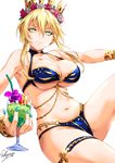  armpits artist_name artoria_pendragon_(all) artoria_pendragon_(lancer) bangs belly_chain bikini blonde_hair blue_bikini breasts cleavage closed_mouth collarbone crown cup drink drinking_glass fate/grand_order fate_(series) flower frown green_eyes hair_between_eyes hair_flower hair_ornament holding holding_cup jewelry large_breasts long_arms long_hair looking_at_viewer nail_polish navel sakiyamama simple_background sitting solo swimsuit thigh_strap underboob white_background wristband 