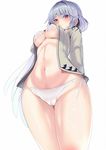  amisu angel_wings bad_id bad_twitter_id blush bra breasts cameltoe commentary_request cowboy_shot feathered_wings flying_sweatdrops from_below frown grey_jacket groin half_updo highleg highleg_panties jacket kishin_sagume long_sleeves looking_at_viewer looking_down medium_breasts navel nose_blush open_clothes open_jacket panties red_eyes short_hair side-tie_panties silver_hair simple_background single_wing solo stomach thigh_gap touhou underboob underwear wavy_mouth white_background white_bra white_panties white_wings wings 