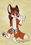  3_toes 4_fingers blue_eyes briefs brown_hair canine clothing fox fur hair male mammal orange_fur pawpads solo standing toes underwear xylious 