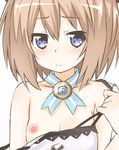  bad_id bad_twitter_id blanc blue_eyes blush breast_slip breasts brown_hair cleavage dress dress_pull eyebrows_visible_through_hair jewelry looking_at_viewer lowres neck_ribbon necklace neptune_(series) nipples niwaka_potato ribbon short_hair small_breasts solo strap_slip white_dress 
