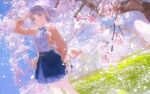  1girl absurdres arm_up axleaki blue_eyes blue_overskirt blue_ribbon blue_skirt cardigan cherry_blossoms commentary dutch_angle falling_petals feet_out_of_frame floating_hair gakuen_idolmaster grass grey_hair highres idolmaster katsuragi_lilja light_smile looking_at_viewer neck_ribbon outdoors petals pleated_skirt ribbon shirt shirt_tucked_in short_hair skirt solo white_shirt yellow_cardigan 