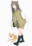  1girl animal_ears bag black_boots blush boots brown_eyes brown_hair buttons closed_mouth commentary dog dog_ears full_body green_shorts green_vest highres leaning_forward long_sleeves looking_at_viewer medium_hair original shirt shorts shoulder_bag simple_background socks solo standing symbol-only_commentary takaya_riku thick_eyebrows vest white_background white_shirt white_socks 