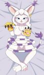 3_toes absurd_res anthro bandai_namco bed bedroom_eyes big_ears black_claws black_whiskers blue_eyes chest_tuft claws clothing digimon digimon_(species) dipstick_tail domestic_cat ear_tuft feet felid feline felis female frezezyk fur furniture gatomon gloves gold_ear_ring hair handpaw handwear hi_res leg_hug long_whiskers mammal markings meri_(gatomon_form) meri_(the_succubus_hunt) narrowed_eyes pawpads paws pink_pawpads purple_stripes purple_tail_tip seductive short_stack solo striped_markings striped_tail stripes tail tail_coil tail_hug tail_markings the_succubus_hunt toes tuft whiskers white_body white_fur white_hair yellow_clothing yellow_gloves yellow_handwear