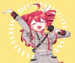  1girl ahoge arm_up belt black_belt black_sleeve_cuffs bow closed_eyes facing_viewer fingernails grey_jacket grey_skirt hair_bow hair_ribbon holding holding_microphone jacket kasane_teto kasane_teto_(sv) layered_sleeves long_sleeves microphone midriff_peek musical_staff musical_staff_print open_mouth pb_epi_0 red_hair red_nails red_trim ribbon shoulder_belt shoulder_boards simple_background skirt solo striped_clothes striped_jacket synthesizer_v teeth tetoris_(synthesizer_v) upper_body upper_teeth_only utau white_bow white_ribbon yellow_background 