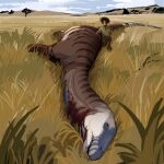 ambiguous_gender award blood blue_body blue_scales bodily_fluids brown_body brown_scales clothed clothing corpse death dinosaur feral grass hat headgear headwear hi_res human hunter kneeling lying mammal mangook8619 mountain on_side open_mouth plant prehistoric_species reptile sauropod sauropodomorph savanna scales scalie size_difference smile solo striped_body stripes tree trophy white_body white_scales