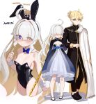  1boy 1girl aether_(genshin_impact) ahoge animal_ear_hairband animal_ears aurelia_(mockingeu) bare_shoulders black_coat black_hairband black_leotard black_pants black_shoes blonde_hair blue_bow blue_bowtie blue_dress blue_eyes blush bow bowtie breasts coat collar collarbone colored_inner_hair commentary covered_navel cropped_legs detached_collar dress english_commentary eyes_visible_through_hair fake_animal_ears full_body genshin_impact hair_over_eyes hairband hand_on_another&#039;s_arm hand_up heterochromia highres holding holding_sword holding_weapon leotard long_hair mockingeu multicolored_dress multicolored_hair original pants playboy_bunny shoes small_breasts standing strapless strapless_leotard sword very_long_hair weapon white_background white_collar white_hair white_wrist_cuffs wrist_cuffs yellow_eyes 