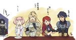  3girls alicetaria_february altair_(re:creators) armor blonde_hair blue_hair cake charon_seiga closed_eyes coffee_mug cup eating food fork hiroe_rei kirameki_mamika long_hair mug multicolored_hair multiple_girls pink_hair re:creators red_hair selesia_upitiria short_hair short_twintails spoilers table television translated twintails two-tone_hair 