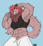  abs anthro armpit_hair blue_background breasts brown_fur brown_hair cat ear_piercing feline female flexing fluffy fur grin hair maine_coon mammal midriff mittensmcgee multicolored_hair muscular muscular_female piercing ptolema red_hair simple_background smile two_tone_hair 