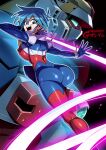  1girl absurdres allenby_beardsley ass beam_ribbon blue_bodysuit blue_eyes blue_hair bodysuit breasts from_behind g_gundam gundam highres looking_at_viewer looking_back mecha mecha_pilot_suit medium_breasts mobile_trace_suit multicolored_bodysuit nobel_gundam open_mouth red_bodysuit robot short_hair skin_tight smile solo tukiwani v-fin 