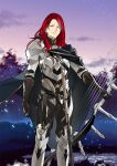  1boy arm_at_side armor armored_boots belt bishounen black_pants black_shirt blue_cape boots bow_(weapon) breastplate brown_belt brown_gloves cape closed_eyes closed_mouth failnaught_(fate) fate/grand_order fate_(series) feet_out_of_frame gloves high_collar holding holding_bow_(weapon) holding_weapon jewelry light_particles long_hair male_focus morii_shizuki multiple_rings official_art outstretched_arm pants pauldrons purple_sky red_hair ring sheath sheathed shirt shoulder_armor side_cape sky solo standing sword third-party_source tristan_(fate) variant_set weapon 