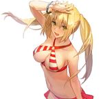  arm_up bad_id bad_twitter_id bangs bare_shoulders bead_bracelet beads bikini blonde_hair bracelet breasts cleavage collarbone commentary_request criss-cross_halter fate/extra fate/grand_order fate_(series) green_eyes hair_intakes halterneck jewelry kawaguchi_(mojacome) long_hair looking_at_viewer looking_to_the_side medium_breasts navel nero_claudius_(fate)_(all) nero_claudius_(swimsuit_caster)_(fate) open_mouth red_bikini side-tie_bikini sideboob simple_background smile solo striped striped_bikini swimsuit twintails white_background 
