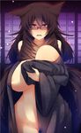  animal_ears areolae ass_visible_through_thighs bare_shoulders breasts brown_hair collarbone commentary_request covering covering_breasts eyebrows_visible_through_hair eyes_visible_through_hair glasses hand_up highres huge_breasts kouseki0024 long_hair long_sleeves looking_at_viewer no_bra no_panties off_shoulder open_clothes open_mouth original red_eyes semi-rimless_eyewear solo standing stomach tail unaligned_breasts under-rim_eyewear underboob upper_body wide_hips wolf_ears wolf_tail 