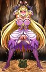  1girl armpits bar_censor blonde_hair blush breasts cave censored chelle_(dragalia_lost) collarbone crown detached_sleeves dragalia_lost giving_birth goblin green_eyes hay lactation lactation_through_clothes large_breasts long_hair mother_and_child open_mouth pantyhose pregnant pussy pussy_juice restrained rope skirt torn_clothes torn_pantyhose umbilical_cord yagami_(mukage) 