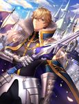  ahoge armor black_shirt blonde_hair blue_cape blue_eyes blue_sky cape castle closed_mouth cloud cloudy_sky day excalibur_galatine fate/extra fate/grand_order fate_(series) flag fur-trimmed_cape fur_trim gauntlets gawain_(fate/extra) gawain_(fate/grand_order) holding holding_sword holding_weapon knight looking_at_viewer male_focus minami_ikkei petals polearm shirt sky solo sparkle spear sunlight sword weapon 