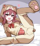  1girl animal_costume animal_hood bear_costume bear_hood bear_pajamas bear_tail bed_sheet blush bow bowtie brown_pajamas cameltoe collarbone crossed_bangs fake_tail hair_flaps heart highres hood hood_up idolmaster idolmaster_shiny_colors komiya_kaho leg_lift long_sleeves looking_at_viewer lying ohgi910 on_bed onesie open_mouth pajamas pawpads pillow red_bow red_bowtie red_eyes red_hair smile solo tail teeth upper_teeth_only 