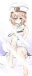  bad_id bad_twitter_id barefoot blanc blue_eyes blush bow breasts brown_hair censored cleavage dress dress_pull hat highres jewelry light_rays looking_at_viewer necklace neptune_(series) niwaka_potato panties short_hair small_breasts solo underwear white_dress white_panties 