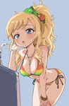  absurdres between_breasts bikini blonde_hair blue_eyes breasts cleavage cowboy_shot drinking_fountain grey_background highres idolmaster idolmaster_cinderella_girls jewelry long_hair medium_breasts multicolored multicolored_bikini multicolored_clothes necklace ootsuki_yui pizzasi side-tie_bikini simple_background solo swimsuit water 