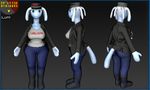  2017 2_fingers 3d_(artwork) animate_inanimate anthro balloon big_breasts big_butt blue_eyes breasts butt clothed clothing digital_media_(artwork) eyebrows eyelashes fangs female hat hi_res iron_star_breakers jacket jeans lizard luni(rickytea) model_sheet nipple_bulge pants reptile rickytea scalie simple_background solo voluptuous water_balloon 