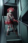  1girl absurdres ahoge ankle_socks aruminsuko black_boots black_skirt black_sleeves blood blood_on_clothes blood_on_face blood_on_hands blood_on_leg boots bow buttons corpse grey_jacket hair_between_eyes hair_bow hair_ribbon highres holding_hands implied_murder indoors jacket juliet_sleeves kasane_teto kasane_teto_(sv) lace-up_boots layered_skirt long_sleeves looking_at_viewer midriff_peek musical_staff musical_staff_print puffy_sleeves red_hair red_skirt red_trim ribbon skirt socks stairs standing striped_clothes striped_jacket sweat synthesizer_v translation_request utau white_bow white_ribbon 