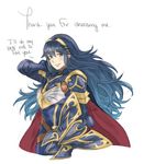  armor blue_eyes blue_hair cape english fire_emblem fire_emblem:_kakusei fire_emblem_heroes holding holding_shield krazehkai long_hair looking_at_viewer lucina shield simple_background smile solo white_background 