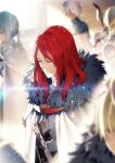  1girl 1other 4boys ambiguous_gender armor bedivere_(fate) bishounen blonde_hair blurry blurry_background blurry_foreground breastplate cape closed_eyes closed_mouth covered_face fake_horns fate/grand_order fate_(series) fur-trimmed_cape fur_trim galahad_(fate) gawain_(fate) helmet high_collar horned_helmet horns knights_of_the_round_table_(fate) light_particles mordred_(fate) mordred_(fate/apocrypha) morii_shizuki multiple_boys official_art pauldrons red_hair secret_of_pedigree_(fate) shoulder_armor solo_focus sword third-party_source tristan_(fate) upper_body weapon white_cape white_hair 
