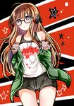  ahoge black-framed_eyewear cowboy_shot glasses green_jacket highres jacket long_hair mashiro_aa orange_hair persona persona_5 purple_eyes sakura_futaba short_shorts shorts solo very_long_hair 