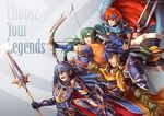  arrow axe blue_hair bow_(weapon) breastplate cape fire_emblem fire_emblem:_akatsuki_no_megami fire_emblem:_fuuin_no_tsurugi fire_emblem:_kakusei fire_emblem:_rekka_no_ken fire_emblem:_souen_no_kiseki fire_emblem_heroes green_hair grin gzei headband highres holding holding_shield holding_sword holding_weapon huge_weapon ike long_hair lucina lyndis_(fire_emblem) pauldrons polearm ponytail quiver red_hair roy_(fire_emblem) shield smile spear spiked_hair sword weapon 