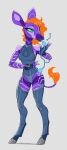 2023 alternate_universe android clothing cybernetics female feral fingerless_gloves genevieve_lykelle giraffid gloves green_eyes hacking hair handwear hi_res hologram hologram_hair hooves leg_markings leggings legwear machine mammal markings okapi orange_hair phlegraofmystery purple_body robot robotic_eyes smile socks_(marking) solo stockings stripes summoning tail tail_tuft tuft unitard wrist_strap