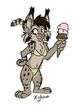  3_toes 4_fingers bikini brown_hair clothing dessert feline female food fur grey_fur hair hand_on_hip ice_cream lynx mammal standing swimsuit toes tongue tongue_out xylious 