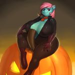  2014 absurd_res anthro big_breasts bodysuit breasts cleavage clothed clothing digital_media_(artwork) earth_pony equine fan_character female gloves hair hi_res horse huge_breasts jack_o&#039;_lantern kevinsano long_hair looking_at_viewer mammal my_little_pony nipple_bulge pink_eyes pink_hair pony ruby_blossom scarf sitting skinsuit slightly_chubby smile solo thick_thighs tight_clothing wide_hips zipper 