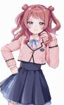  1girl absurdres blue_eyes blue_overskirt blue_ribbon blue_skirt blush closed_mouth commentary_request cowboy_shot cropped_jacket double_bun gakuen_idolmaster hair_bun hanami_saki hand_on_own_hip hand_up hatsuboshi_gakuen_school_uniform highres idolmaster jacket long_hair long_sleeves looking_at_viewer neck_ribbon pink_jacket pleated_skirt red_hair ribbon school_uniform shirako_(srk_srtk) simple_background skirt smile solo standing straight-on two_side_up white_background 