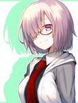  black-framed_eyewear black_shirt fate/grand_order fate_(series) glasses hair_over_one_eye highres hood hooded_sweater mash_kyrielight necktie purple_eyes red_neckwear shiime shirt short_hair silver_hair smile solo standing sweater unzipped upper_body white_sweater 