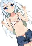  bikini blue_eyes blue_shorts blush collarbone dutch_angle eyebrows_visible_through_hair flat_chest hibiki_(kantai_collection) kantai_collection kiomota long_hair navel open_clothes open_shorts shiny shiny_skin short_shorts shorts silver_hair simple_background solo stomach striped striped_bikini swimsuit torn_clothes torn_shorts very_long_hair white_background 