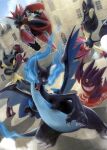  arita_mitsuhiro blue_eyes blue_fire blue_sky building charizard claws cloud dragon dragon_wings fangs fighting fire flame-tipped_tail gengar grin highres insect_wings lucario mawile mega_charizard_x mega_gengar mega_lucario mega_mawile mega_pokemon mega_scizor no_humans official_art open_mouth pincers pokemon pokemon_(creature) pokemon_focus red_eyes scizor shadow sky smile sunlight teeth third-party_source third_eye v-shaped_eyes window wings 